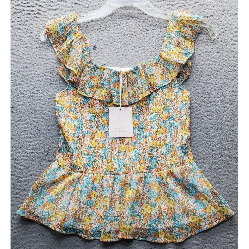 LC Lauren Conrad Smocked Ruffle Tank Top Womens S Multi Floral Lined WL21W025RP